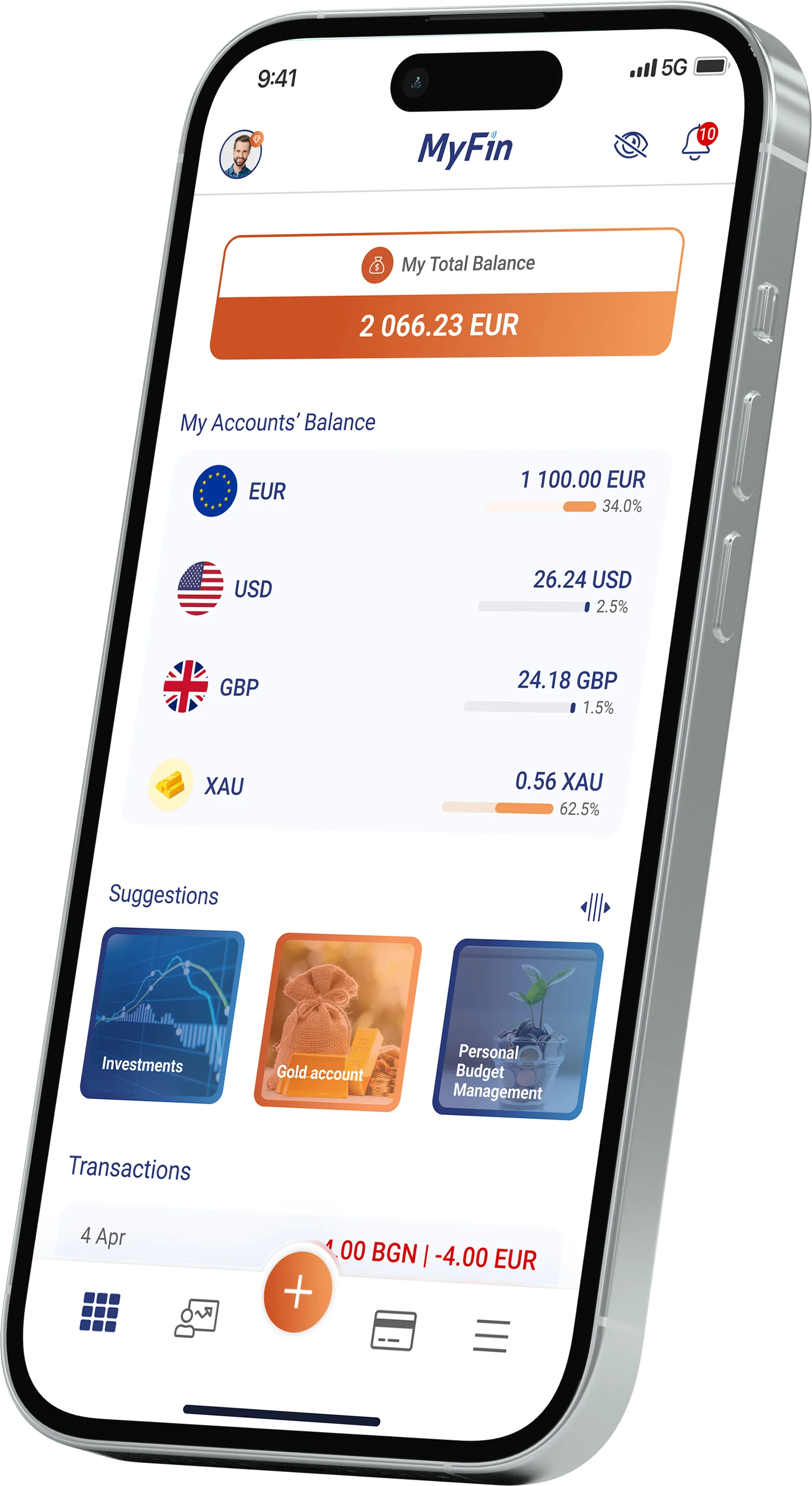 MyFin App dashboard with MyFin Visa and Mastercard cards