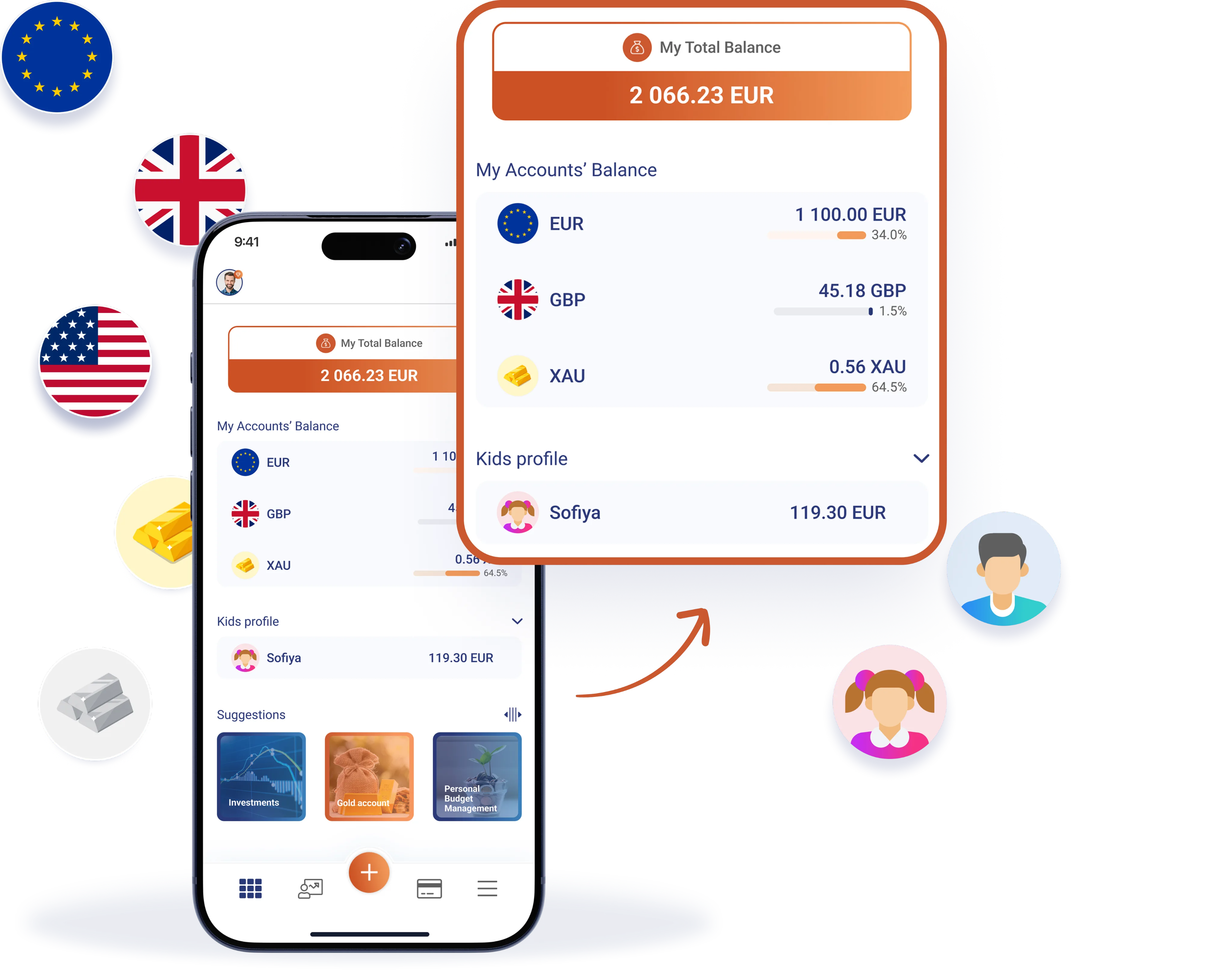 MyFin app dashboard showing account balances in multiple currencies