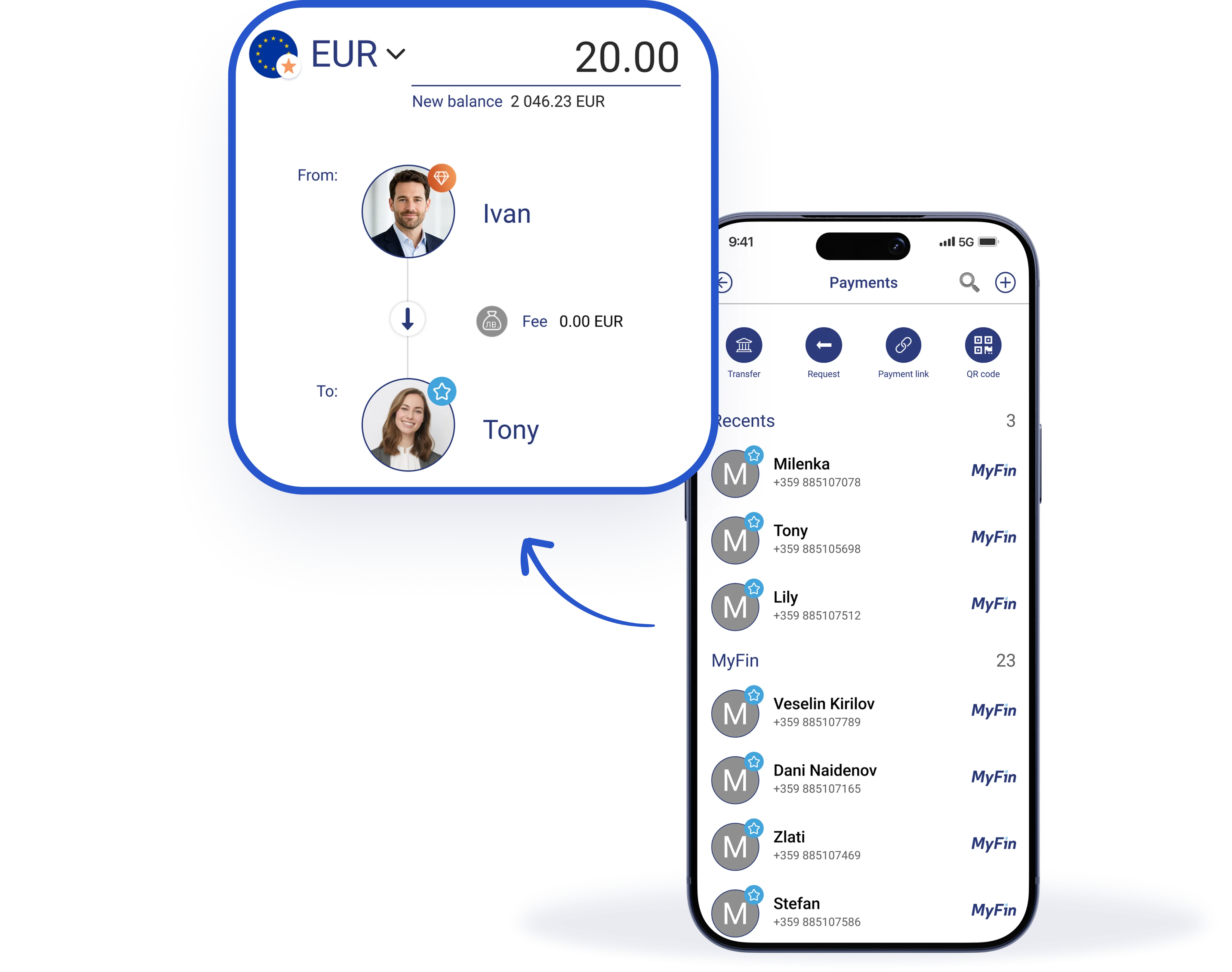 MyFin payments screen showing transfers and payment options